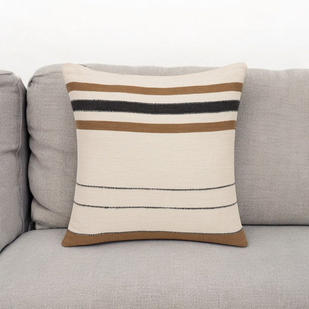 20" Brown And Ivory Striped Cotton Throw Pillow