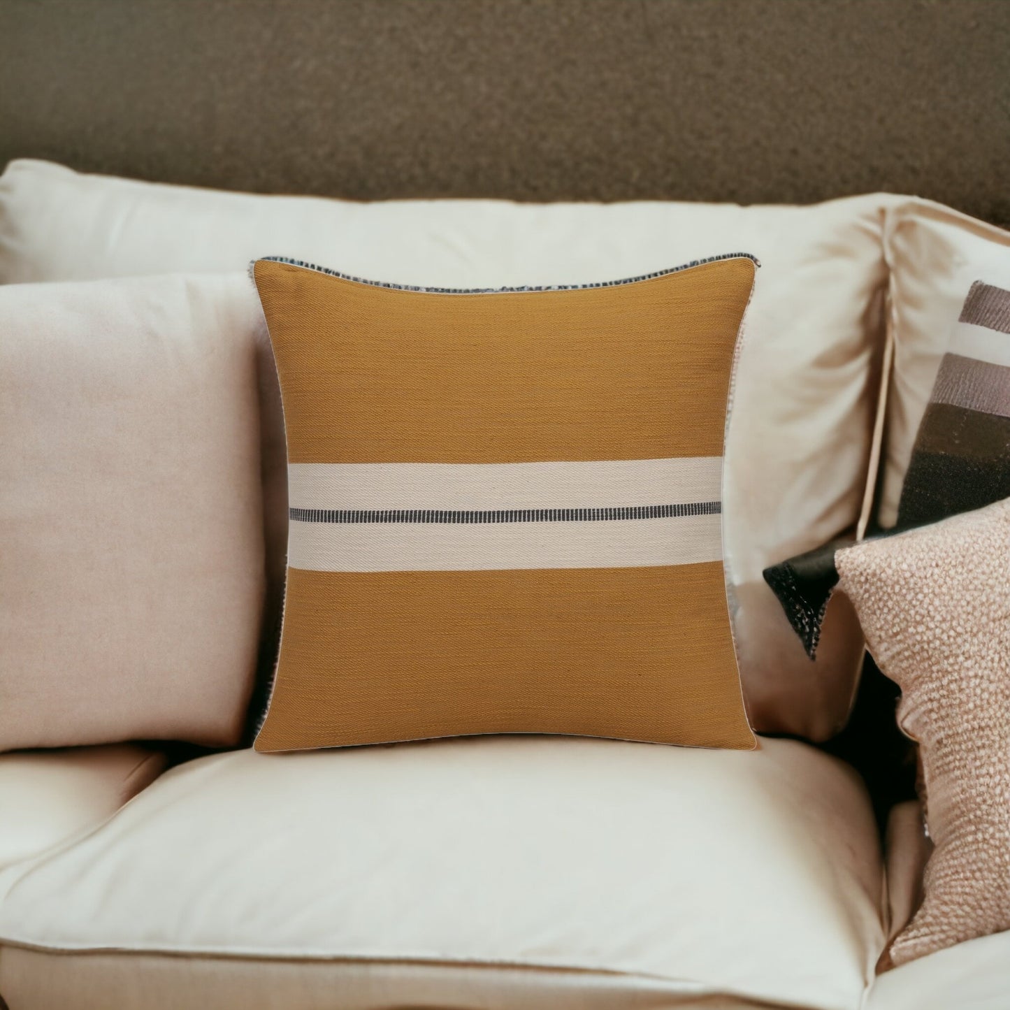 24" X 24" Blue Striped Cotton Zippered Pillow