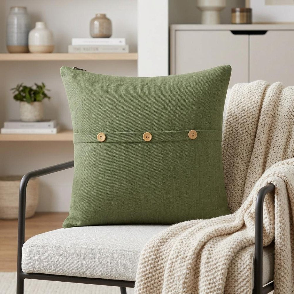 20" Sage Green Cotton Throw Pillow With Buttons