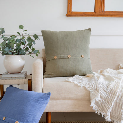 20" Sage Green Cotton Throw Pillow With Buttons