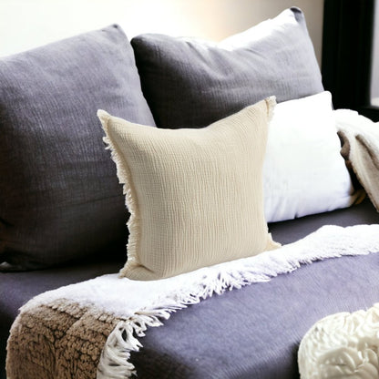 20" X 20" Green Cotton Zippered Down Pillow With Fringe