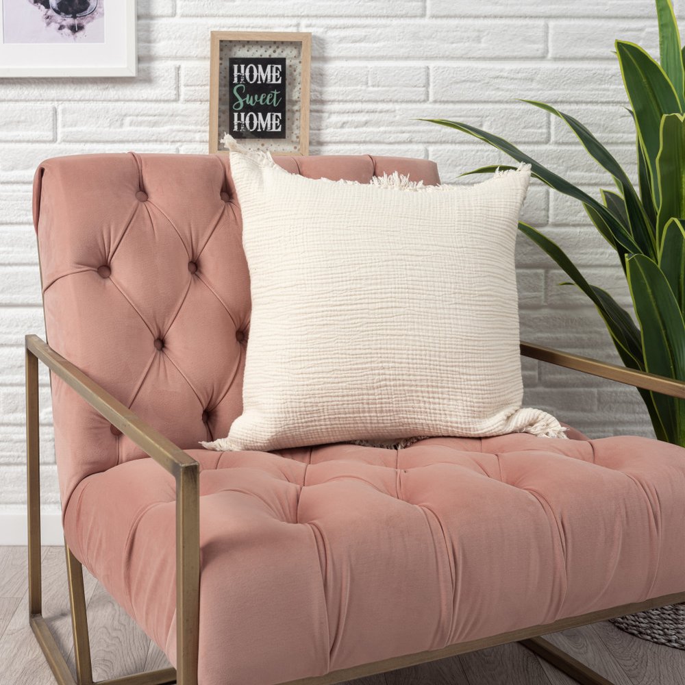 20" X 20" Green Cotton Zippered Down Pillow With Fringe