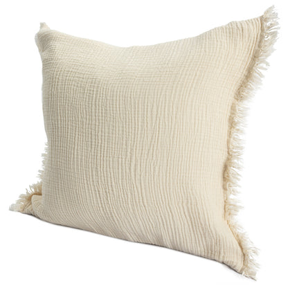 20" X 20" White Cotton Zippered Down Pillow With Fringe