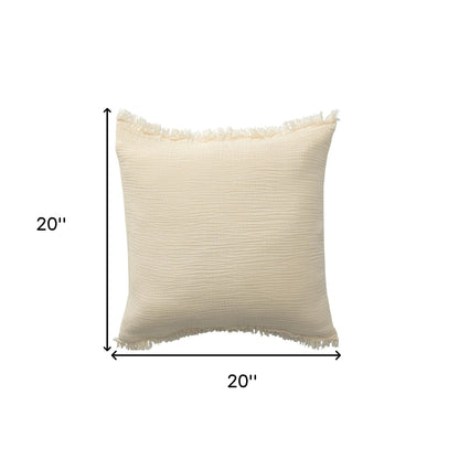 20" X 20" White Cotton Zippered Down Pillow With Fringe