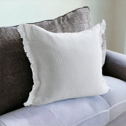 20" X 20" White Cotton Zippered Down Pillow With Fringe