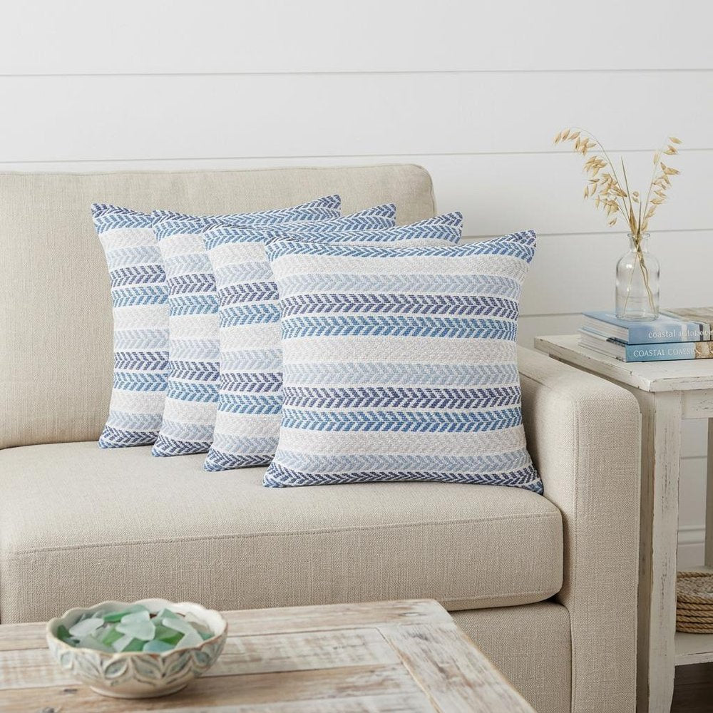 Set of Four 18" X 18" Blue Beach Chevron Cotton Zippered Pillow