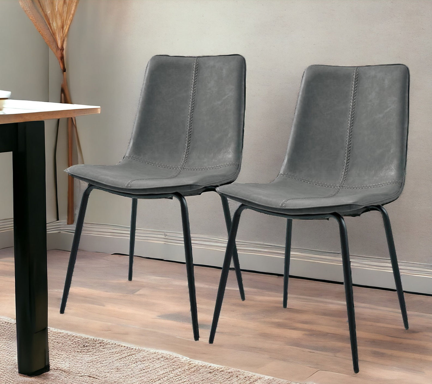 Set of Two Gray And Black Upholstered Faux Leather Dining Side Chairs