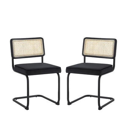Set of Two Navy Blue and Silver Upholstered Velvet Dining Side Chairs