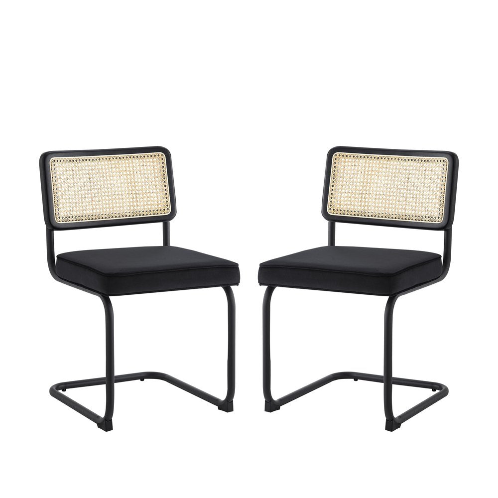 Set of Two Navy Blue and Silver Upholstered Velvet Dining Side Chairs