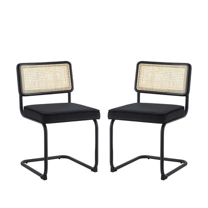 Set of Two Navy Blue and Silver Upholstered Velvet Dining Side Chairs