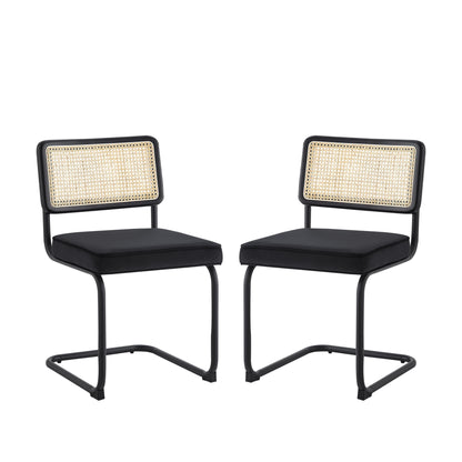Set of Two Navy Blue and Silver Upholstered Velvet Dining Side Chairs