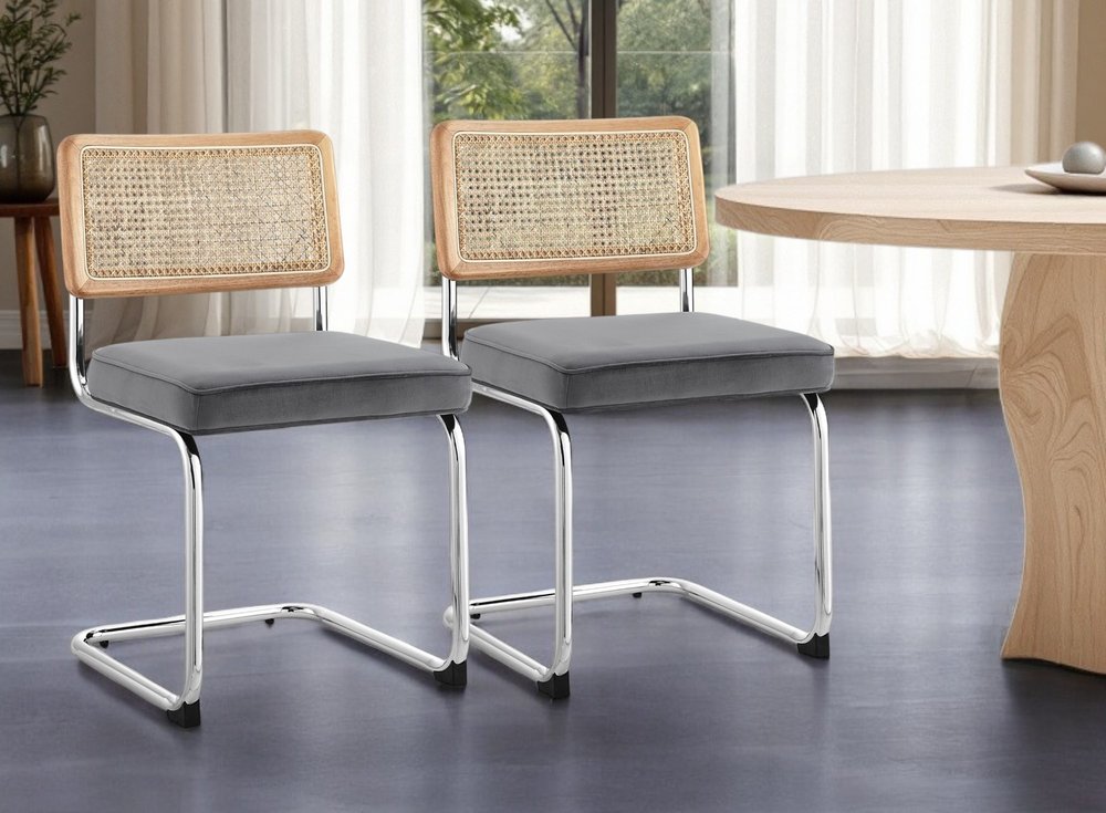 Set of Two Navy Blue and Silver Upholstered Velvet Dining Side Chairs