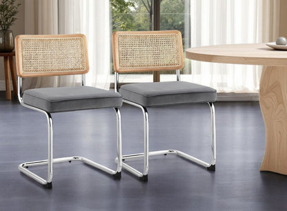 Set of Two Navy Blue and Silver Upholstered Velvet Dining Side Chairs