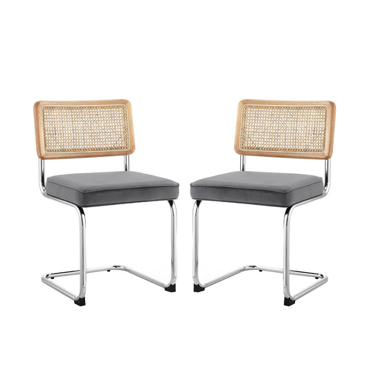 Set of Two Navy Blue and Silver Upholstered Velvet Dining Side Chairs