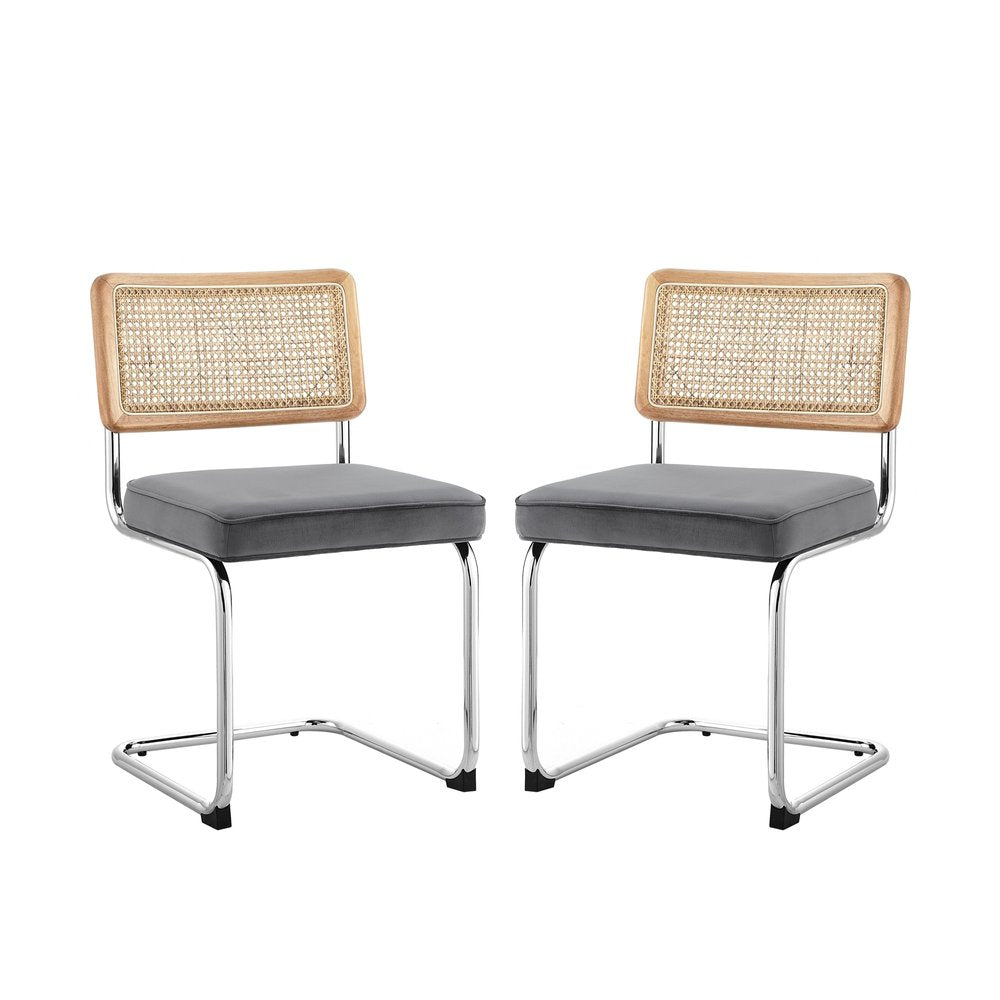 Set of Two Navy Blue and Silver Upholstered Velvet Dining Side Chairs