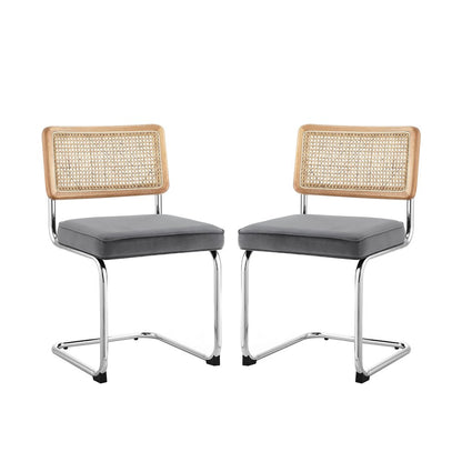 Set of Two Navy Blue and Silver Upholstered Velvet Dining Side Chairs