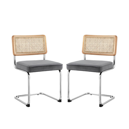 Set of Two Navy Blue and Silver Upholstered Velvet Dining Side Chairs