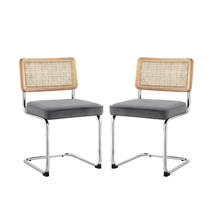 Set of Two Navy Blue and Silver Upholstered Velvet Dining Side Chairs