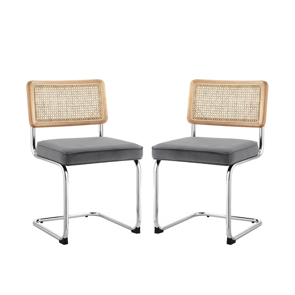 Set of Two Navy Blue and Silver Upholstered Velvet Dining Side Chairs