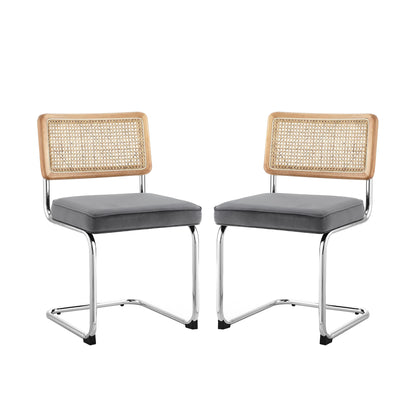 Set of Two Navy Blue and Silver Upholstered Velvet Dining Side Chairs