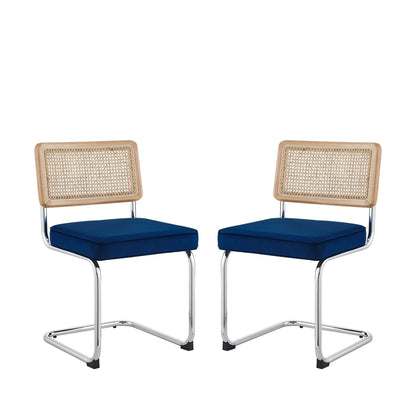 Set of Two Navy Blue and Silver Upholstered Velvet Dining Side Chairs