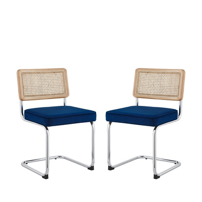 Set of Two Navy Blue and Silver Upholstered Velvet Dining Side Chairs
