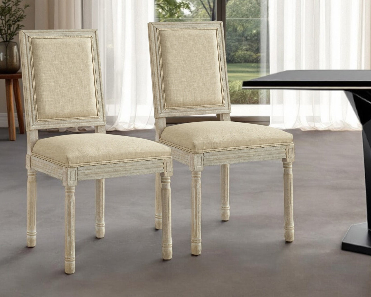 Set of Two Beige and Brown Upholstered Linen Dining Side Chairs