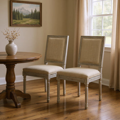 Set of Two Beige and Brown Upholstered Linen Dining Side Chairs