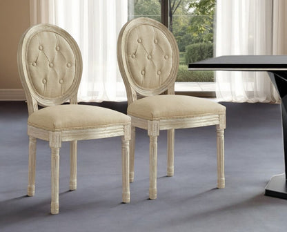 Tufted Beige and Brown Upholstered Linen Dining Side Chair