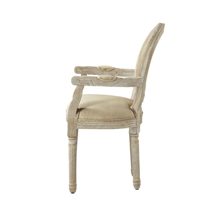 Tufted Cream and Brown Upholstered Linen Dining Arm Chair