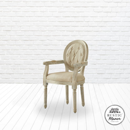 Tufted Cream and Brown Upholstered Linen Dining Arm Chair