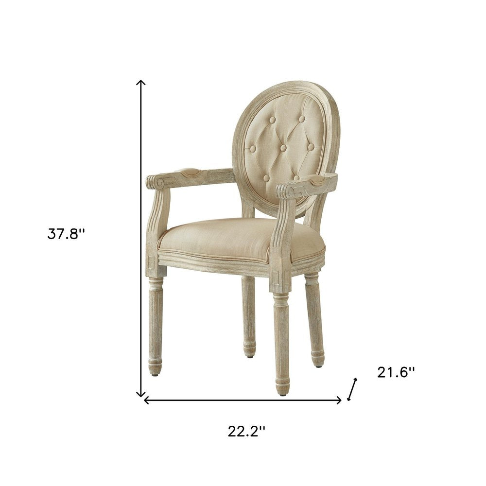 Tufted Beige and Brown Upholstered Linen Dining Arm Chair