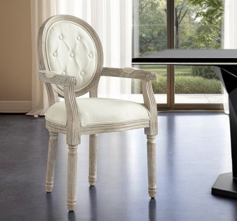 Tufted Beige and Brown Upholstered Linen Dining Arm Chair