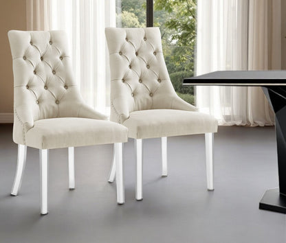 Set of Two Tufted Cream and Clear Upholstered Linen Dining Side Chairs