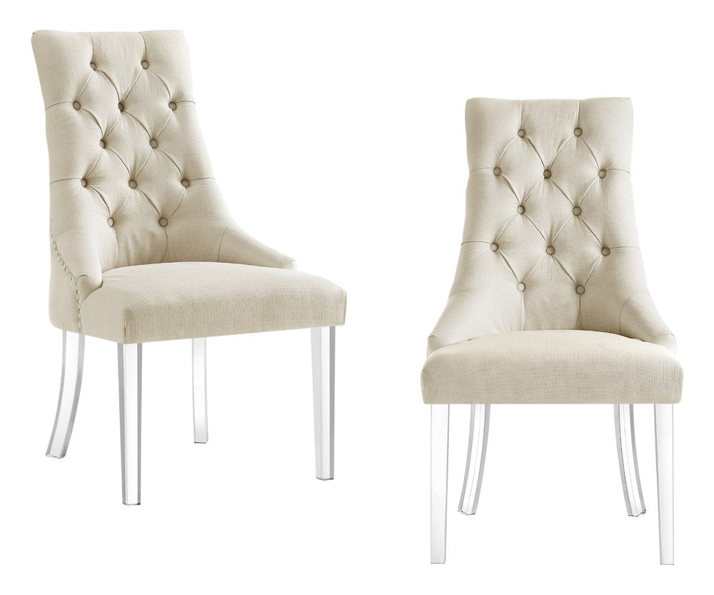 Set of Two Tufted Cream and Clear Upholstered Linen Dining Side Chairs