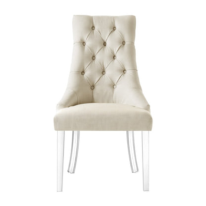 Set of Two Tufted Cream and Clear Upholstered Linen Dining Side Chairs