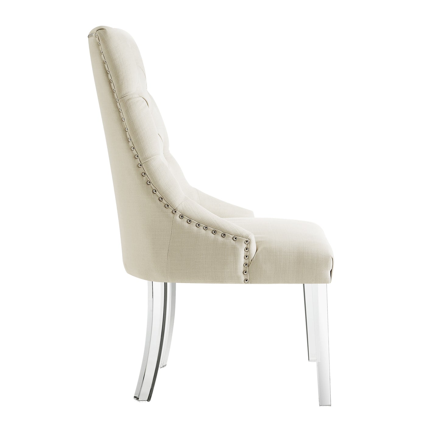 Set of Two Tufted Cream and Clear Upholstered Linen Dining Side Chairs