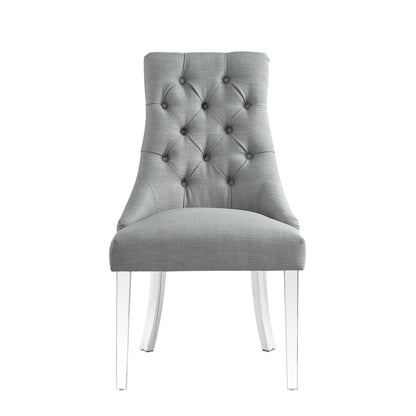 Set of Two Tufted Light Gray and Clear Upholstered Linen Dining Side Chairs