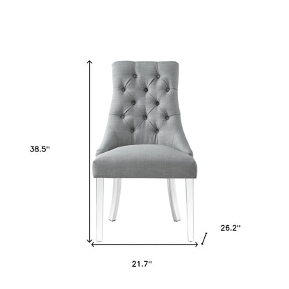 Set of Two Tufted Light Gray and Clear Upholstered Linen Dining Side Chairs