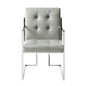 Set of Two Tufted Light Gray and Silver Metallic Upholstered Faux Leather Dining Arm Chairs