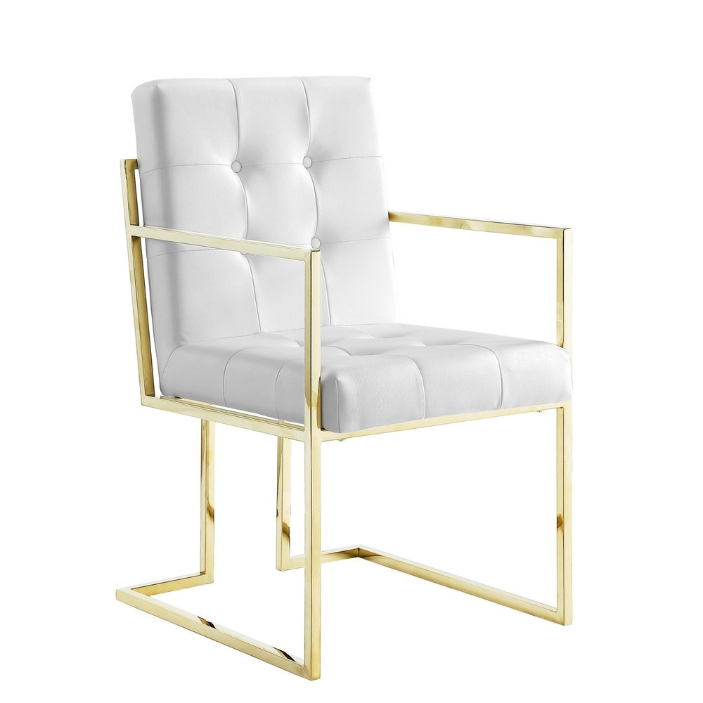 Set of Two Tufted White and Gold Upholstered Faux Leather Dining Arm Chairs