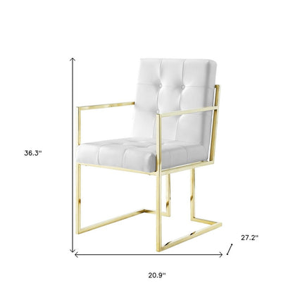 Set of Two Tufted White and Gold Upholstered Faux Leather Dining Arm Chairs