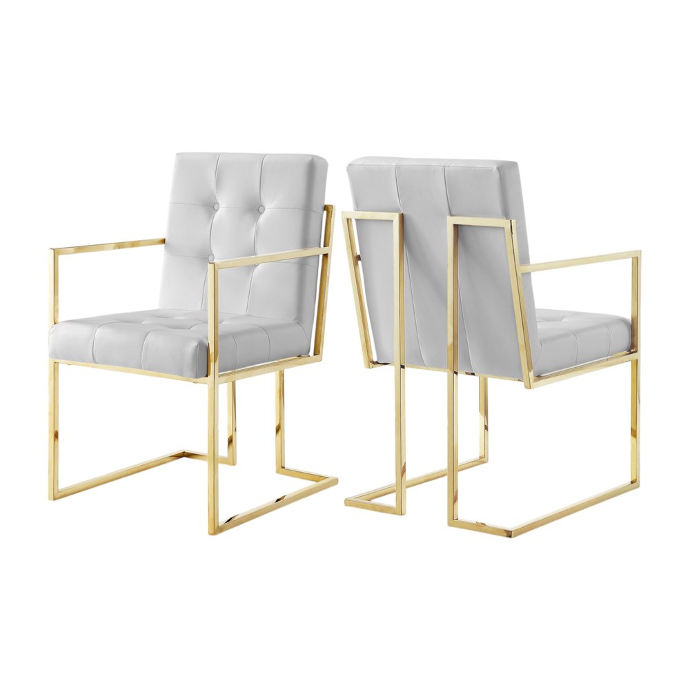 Set of Two Tufted White and Gold Upholstered Faux Leather Dining Arm Chairs