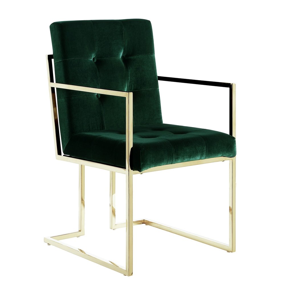 Set of Two Tufted Hunter Green and Gold Upholstered Velvet Dining Arm Chairs
