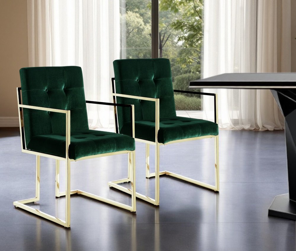 Set of Two Tufted Hunter Green and Gold Upholstered Velvet Dining Arm Chairs