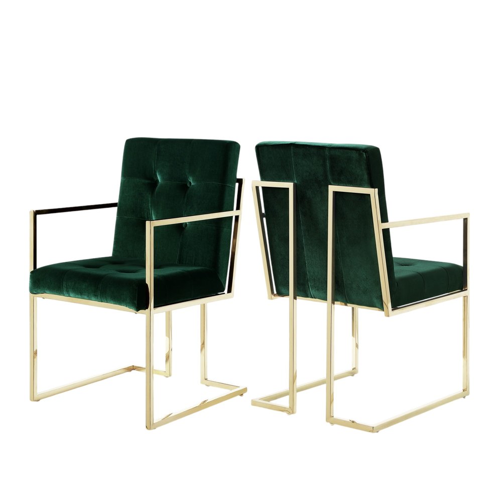 Set of Two Tufted Hunter Green and Gold Upholstered Velvet Dining Arm Chairs