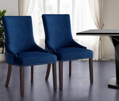 Set of Two Tufted Navy Blue and Espresso Upholstered Velvet Dining Side Chairs