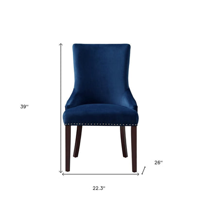Set of Two Tufted Navy Blue and Espresso Upholstered Velvet Dining Side Chairs