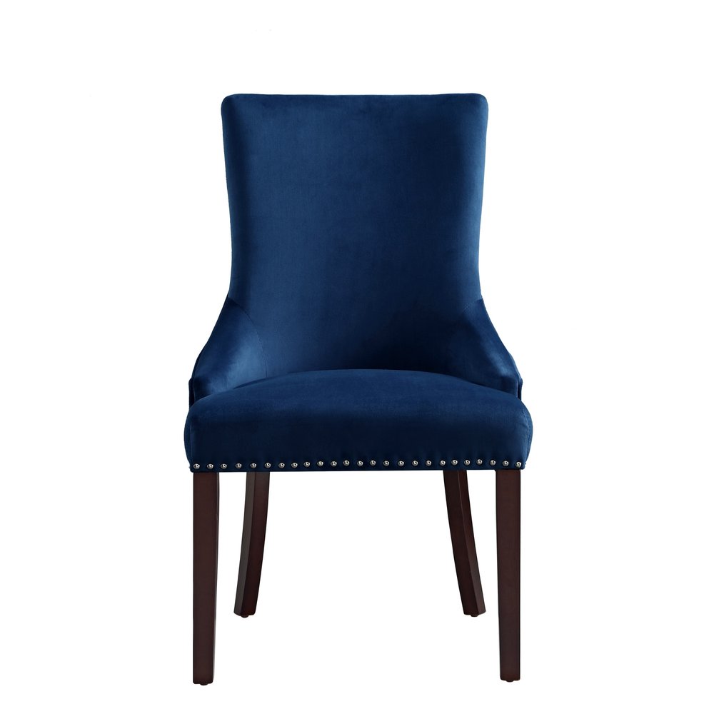 Set of Two Tufted Navy Blue and Espresso Upholstered Velvet Dining Side Chairs