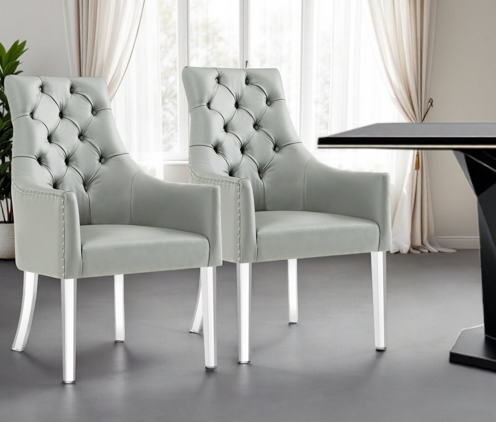 Set of Two Tufted Gray and Clear Upholstered Faux Leather Dining Arm Chairs